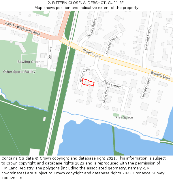 2, BITTERN CLOSE, ALDERSHOT, GU11 3FL: Location map and indicative extent of plot
