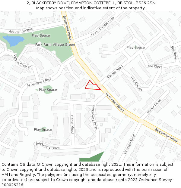 2, BLACKBERRY DRIVE, FRAMPTON COTTERELL, BRISTOL, BS36 2SN: Location map and indicative extent of plot