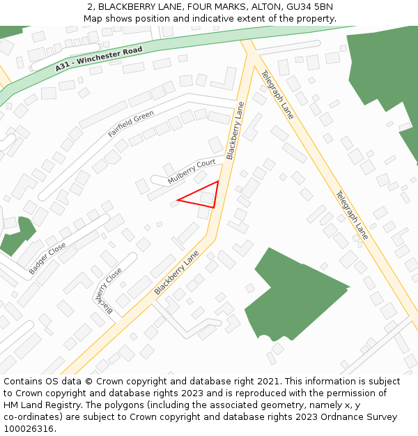 2, BLACKBERRY LANE, FOUR MARKS, ALTON, GU34 5BN: Location map and indicative extent of plot