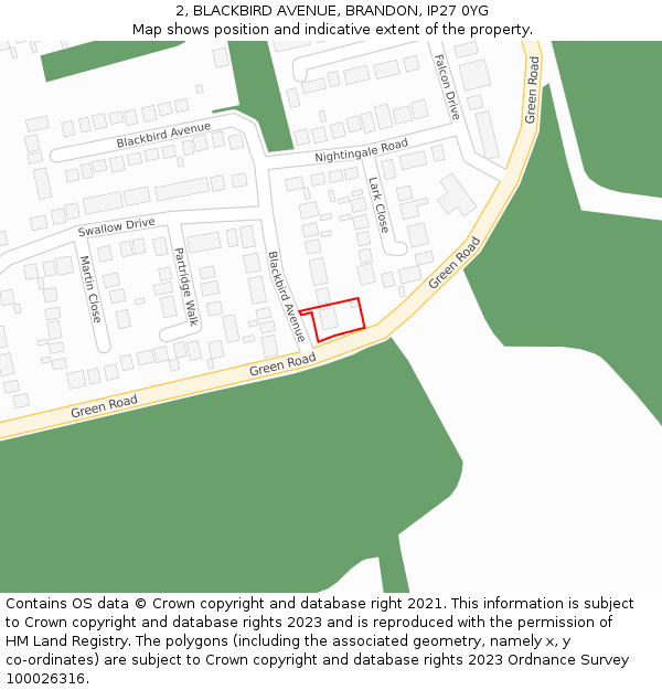 2, BLACKBIRD AVENUE, BRANDON, IP27 0YG: Location map and indicative extent of plot