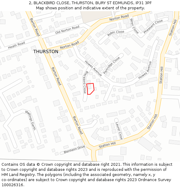 2, BLACKBIRD CLOSE, THURSTON, BURY ST EDMUNDS, IP31 3PF: Location map and indicative extent of plot