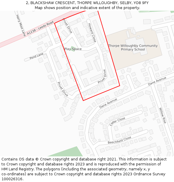 2, BLACKSHAW CRESCENT, THORPE WILLOUGHBY, SELBY, YO8 9FY: Location map and indicative extent of plot