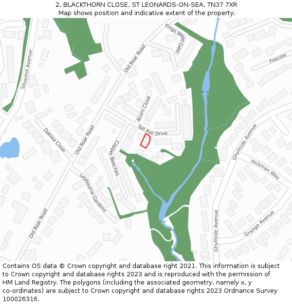 2, BLACKTHORN CLOSE, ST LEONARDS-ON-SEA, TN37 7XR: Location map and indicative extent of plot