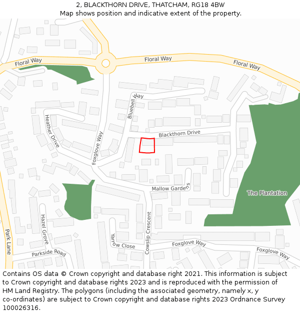 2, BLACKTHORN DRIVE, THATCHAM, RG18 4BW: Location map and indicative extent of plot