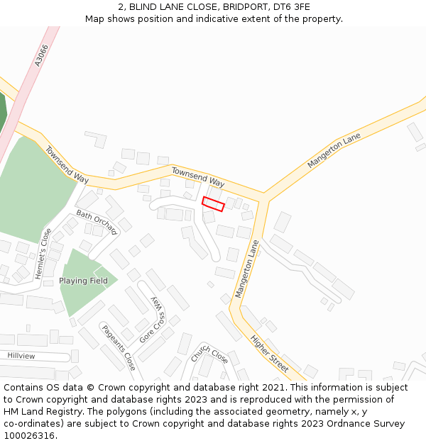 2, BLIND LANE CLOSE, BRIDPORT, DT6 3FE: Location map and indicative extent of plot