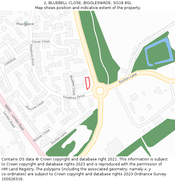 2, BLUEBELL CLOSE, BIGGLESWADE, SG18 8SL: Location map and indicative extent of plot