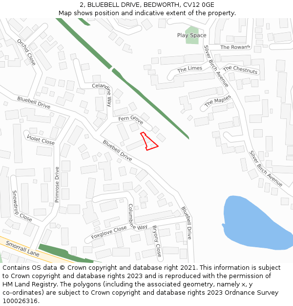 2, BLUEBELL DRIVE, BEDWORTH, CV12 0GE: Location map and indicative extent of plot