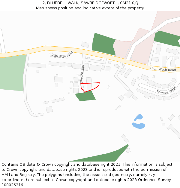 2, BLUEBELL WALK, SAWBRIDGEWORTH, CM21 0JQ: Location map and indicative extent of plot