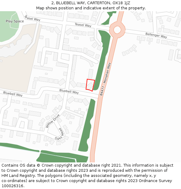 2, BLUEBELL WAY, CARTERTON, OX18 1JZ: Location map and indicative extent of plot