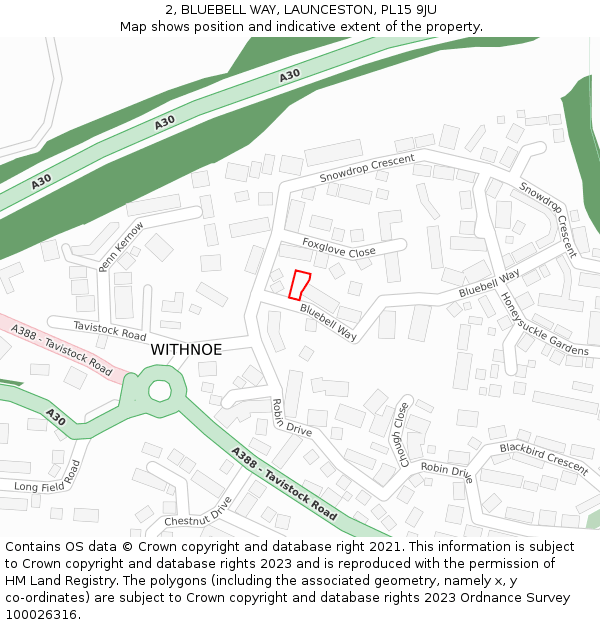 2, BLUEBELL WAY, LAUNCESTON, PL15 9JU: Location map and indicative extent of plot