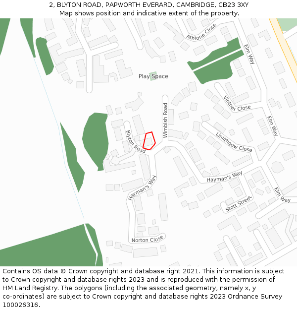 2, BLYTON ROAD, PAPWORTH EVERARD, CAMBRIDGE, CB23 3XY: Location map and indicative extent of plot