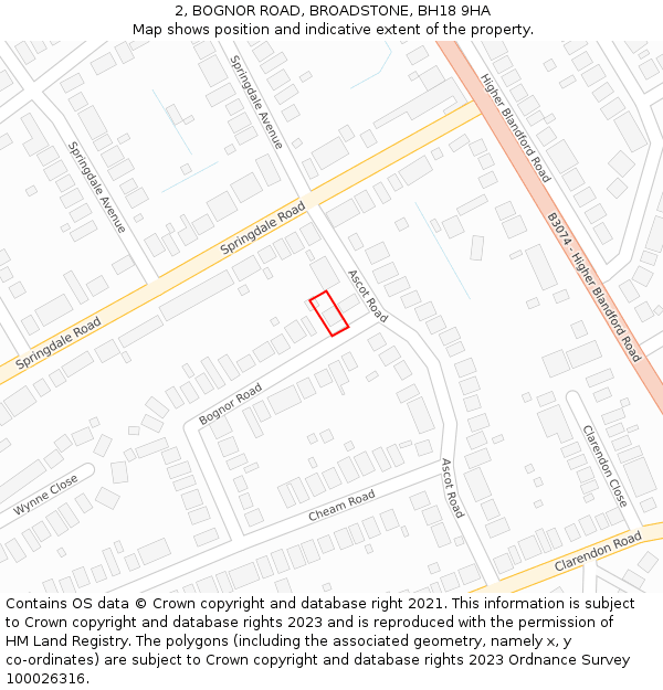 2, BOGNOR ROAD, BROADSTONE, BH18 9HA: Location map and indicative extent of plot