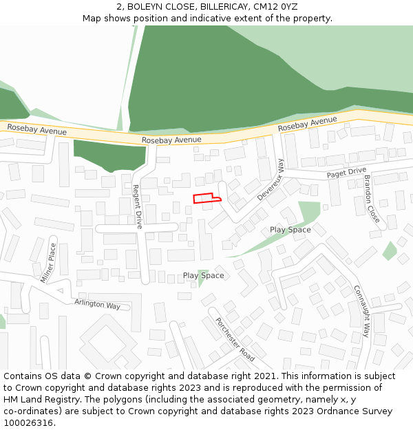 2, BOLEYN CLOSE, BILLERICAY, CM12 0YZ: Location map and indicative extent of plot