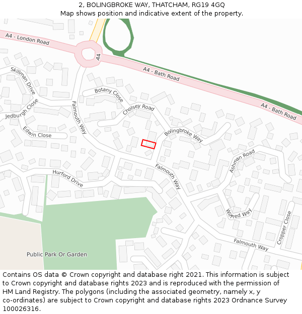 2, BOLINGBROKE WAY, THATCHAM, RG19 4GQ: Location map and indicative extent of plot