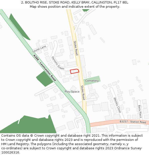 2, BOLITHO RISE, STOKE ROAD, KELLY BRAY, CALLINGTON, PL17 8EL: Location map and indicative extent of plot