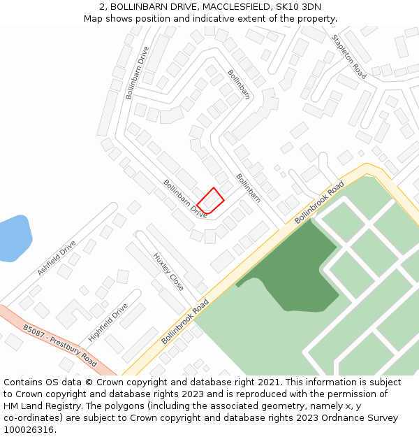 2, BOLLINBARN DRIVE, MACCLESFIELD, SK10 3DN: Location map and indicative extent of plot