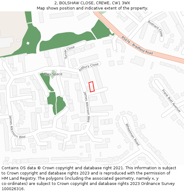 2, BOLSHAW CLOSE, CREWE, CW1 3WX: Location map and indicative extent of plot