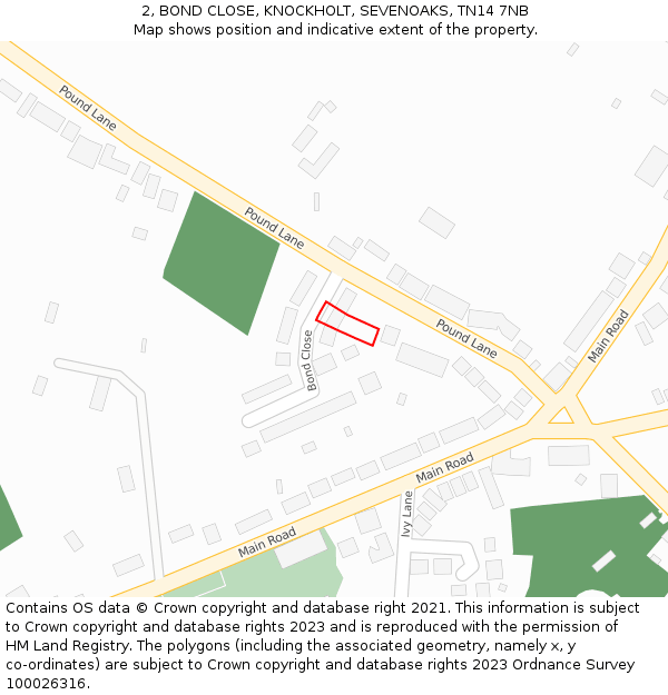 2, BOND CLOSE, KNOCKHOLT, SEVENOAKS, TN14 7NB: Location map and indicative extent of plot