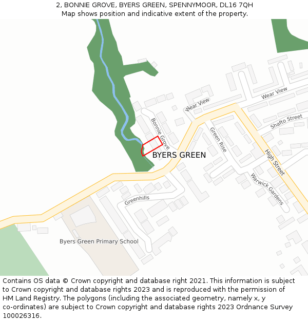 2, BONNIE GROVE, BYERS GREEN, SPENNYMOOR, DL16 7QH: Location map and indicative extent of plot