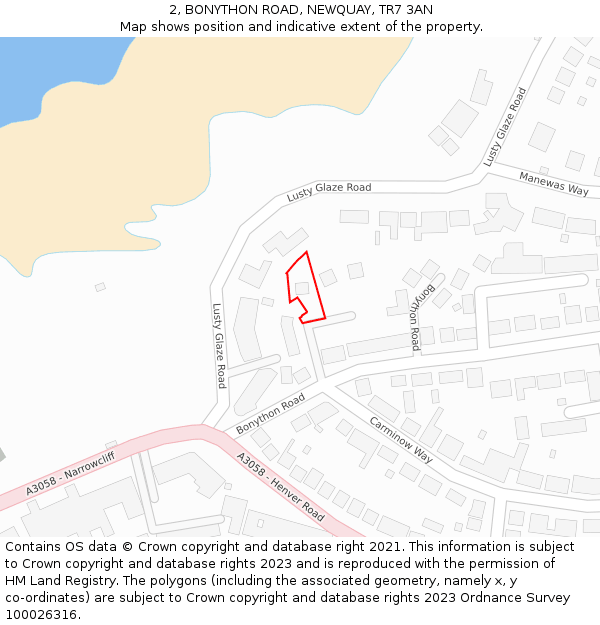 2, BONYTHON ROAD, NEWQUAY, TR7 3AN: Location map and indicative extent of plot