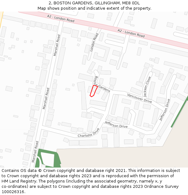 2, BOSTON GARDENS, GILLINGHAM, ME8 0DL: Location map and indicative extent of plot