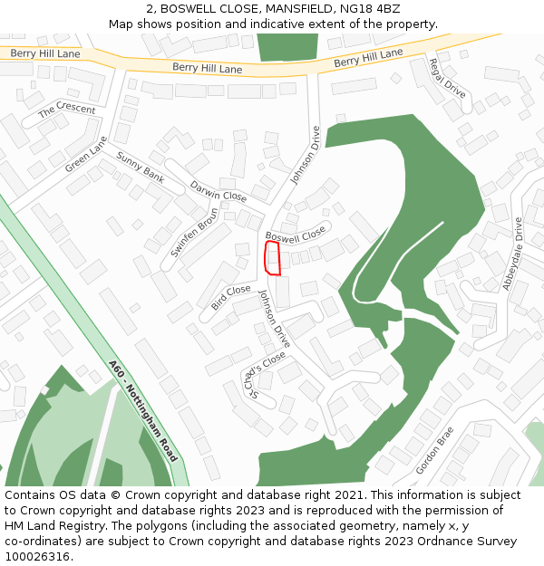 2, BOSWELL CLOSE, MANSFIELD, NG18 4BZ: Location map and indicative extent of plot