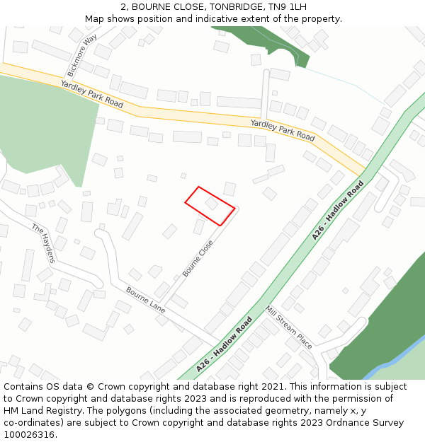 2, BOURNE CLOSE, TONBRIDGE, TN9 1LH: Location map and indicative extent of plot