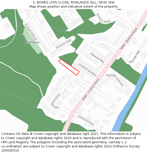 2, BOWES LYON CLOSE, ROWLANDS GILL, NE39 1EW: Location map and indicative extent of plot