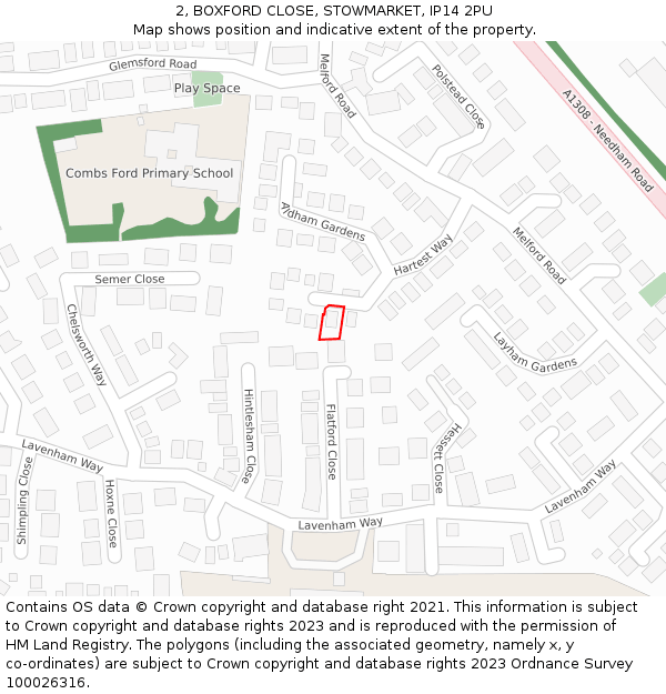 2, BOXFORD CLOSE, STOWMARKET, IP14 2PU: Location map and indicative extent of plot