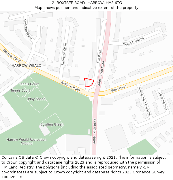 2, BOXTREE ROAD, HARROW, HA3 6TG: Location map and indicative extent of plot