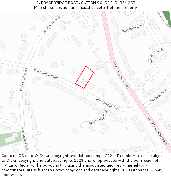 2, BRACEBRIDGE ROAD, SUTTON COLDFIELD, B74 2SB: Location map and indicative extent of plot
