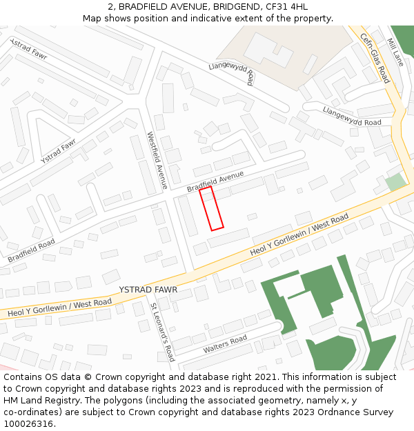 2, BRADFIELD AVENUE, BRIDGEND, CF31 4HL: Location map and indicative extent of plot