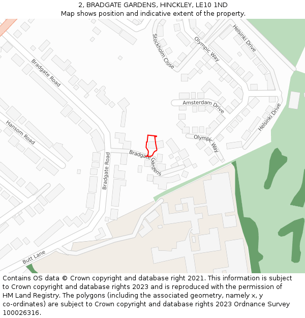2, BRADGATE GARDENS, HINCKLEY, LE10 1ND: Location map and indicative extent of plot
