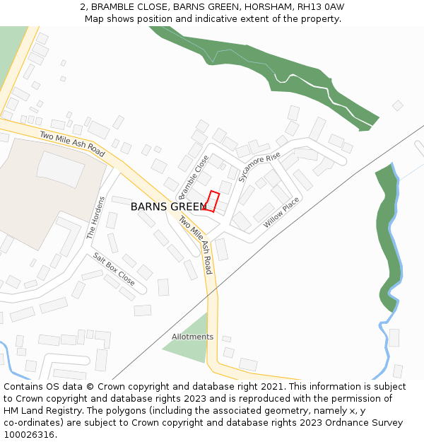 2, BRAMBLE CLOSE, BARNS GREEN, HORSHAM, RH13 0AW: Location map and indicative extent of plot