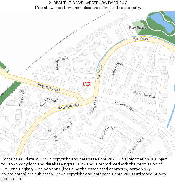 2, BRAMBLE DRIVE, WESTBURY, BA13 3UY: Location map and indicative extent of plot