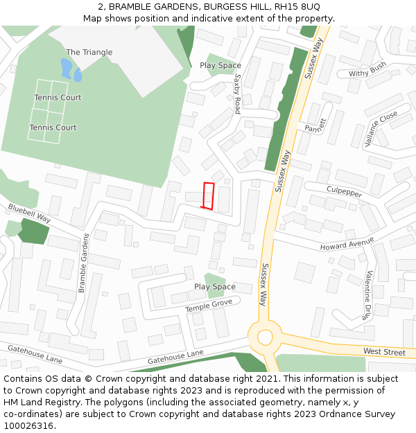 2, BRAMBLE GARDENS, BURGESS HILL, RH15 8UQ: Location map and indicative extent of plot