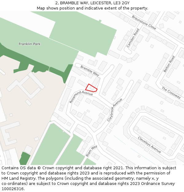 2, BRAMBLE WAY, LEICESTER, LE3 2GY: Location map and indicative extent of plot