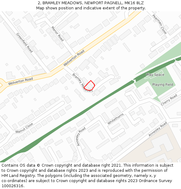 2, BRAMLEY MEADOWS, NEWPORT PAGNELL, MK16 8LZ: Location map and indicative extent of plot