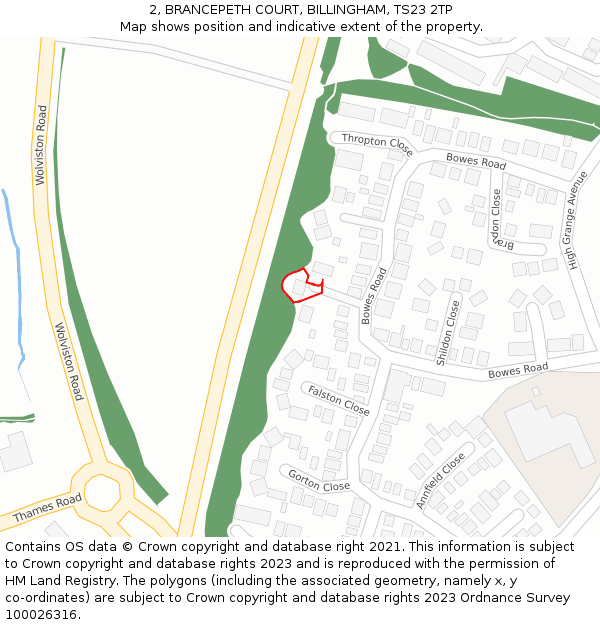 2, BRANCEPETH COURT, BILLINGHAM, TS23 2TP: Location map and indicative extent of plot