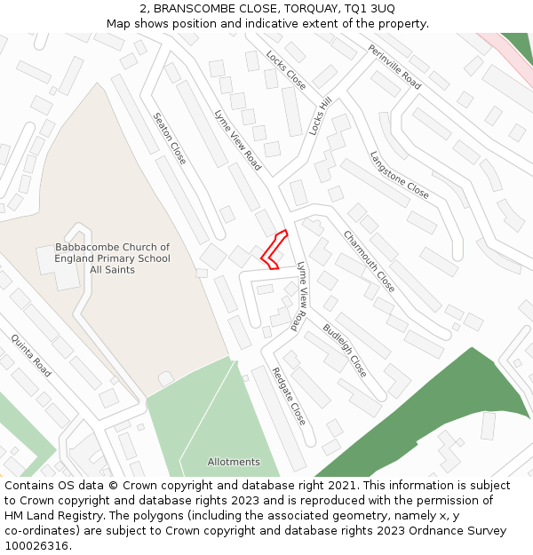 2, BRANSCOMBE CLOSE, TORQUAY, TQ1 3UQ: Location map and indicative extent of plot