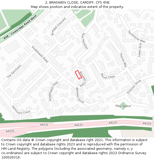 2, BRANWEN CLOSE, CARDIFF, CF5 4NE: Location map and indicative extent of plot