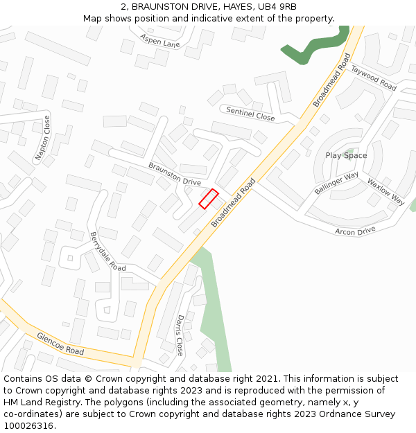 2, BRAUNSTON DRIVE, HAYES, UB4 9RB: Location map and indicative extent of plot