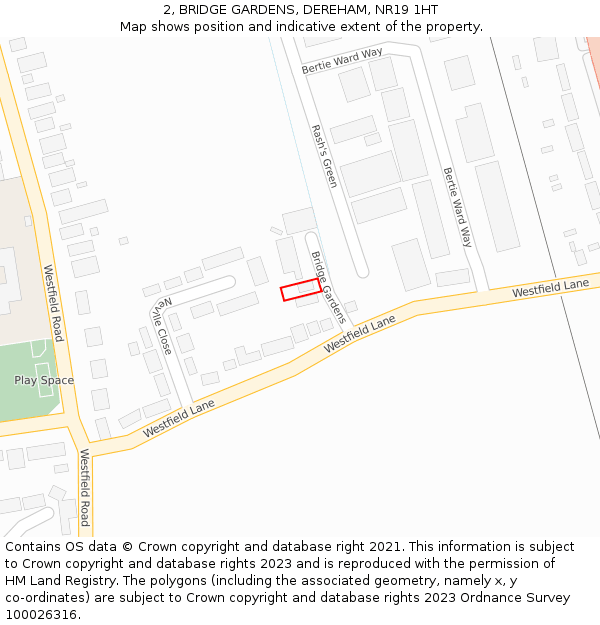 2, BRIDGE GARDENS, DEREHAM, NR19 1HT: Location map and indicative extent of plot