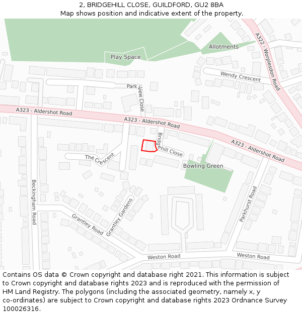 2, BRIDGEHILL CLOSE, GUILDFORD, GU2 8BA: Location map and indicative extent of plot