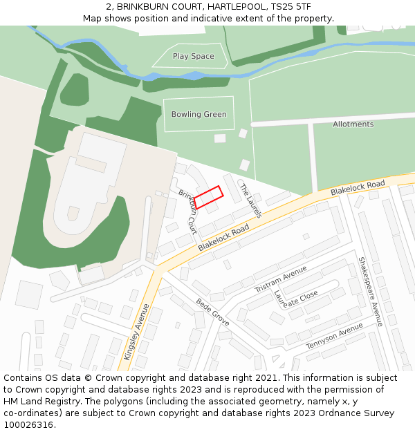 2, BRINKBURN COURT, HARTLEPOOL, TS25 5TF: Location map and indicative extent of plot