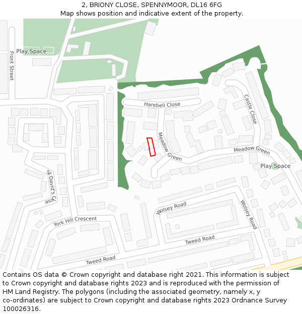 2, BRIONY CLOSE, SPENNYMOOR, DL16 6FG: Location map and indicative extent of plot