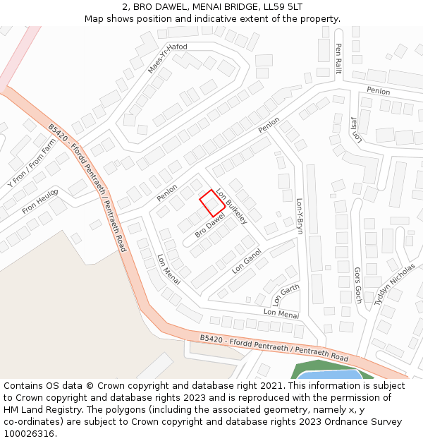 2, BRO DAWEL, MENAI BRIDGE, LL59 5LT: Location map and indicative extent of plot