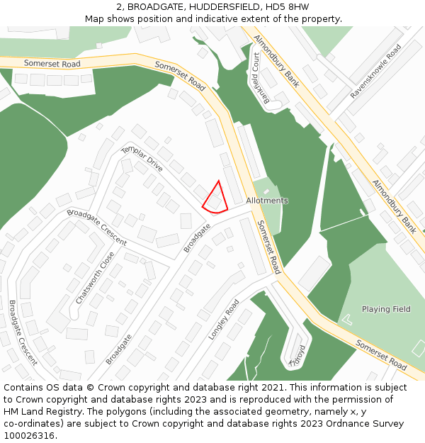 2, BROADGATE, HUDDERSFIELD, HD5 8HW: Location map and indicative extent of plot