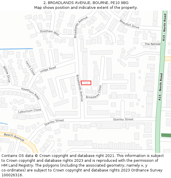 2, BROADLANDS AVENUE, BOURNE, PE10 9BG: Location map and indicative extent of plot