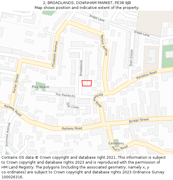 2, BROADLANDS, DOWNHAM MARKET, PE38 9JB: Location map and indicative extent of plot